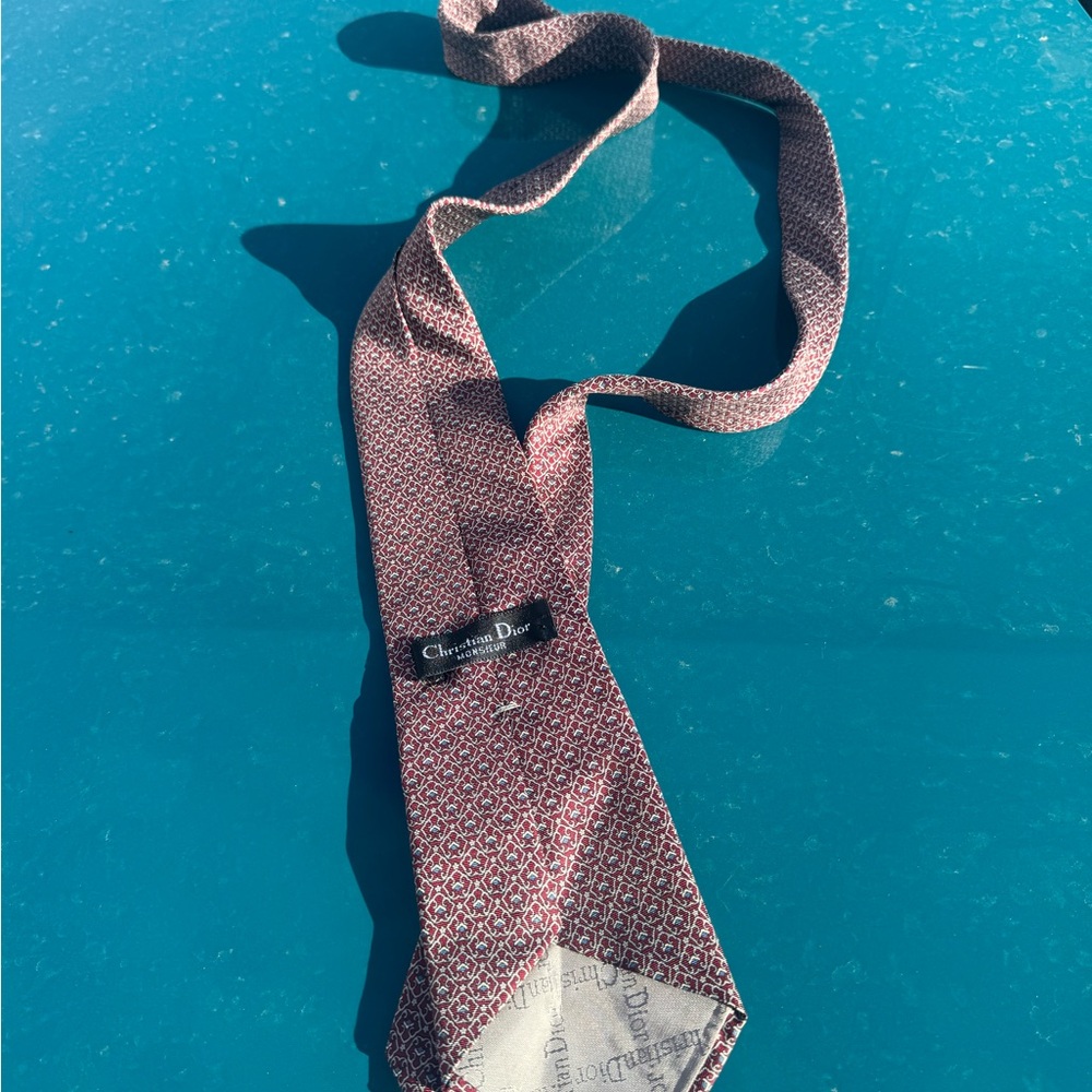 Dior Men's Tie - Burgundy and Gray Pattern 100% silk